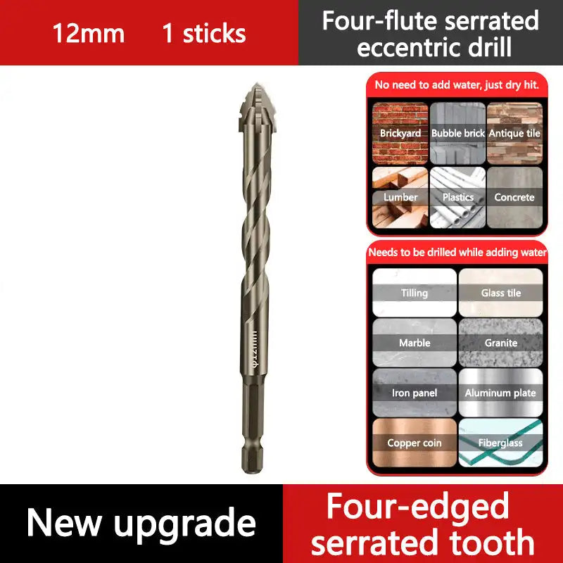 High-Strength 4-Flute Serrated Eccentric Drill Bit Dry Drilling For Ceramic Tile/Glass/Marble Concrete Hex Skewed Head Drill Bit