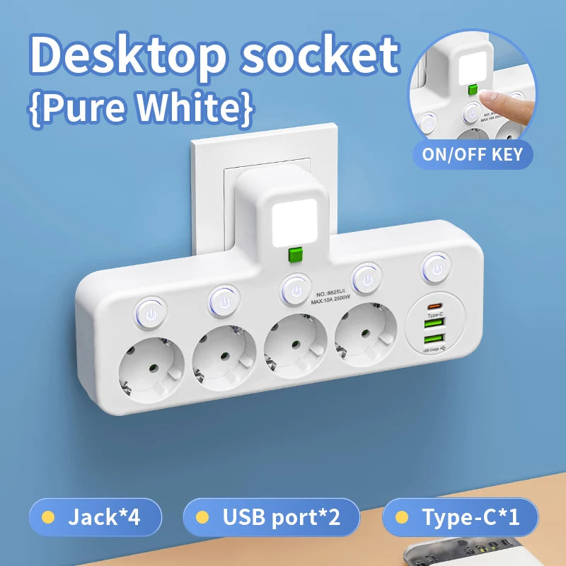 EU Plug Socket 4 Sockets Power Strip With 2 USB Type-C Port Without Extension Wall Charger Adapter For Home Offices