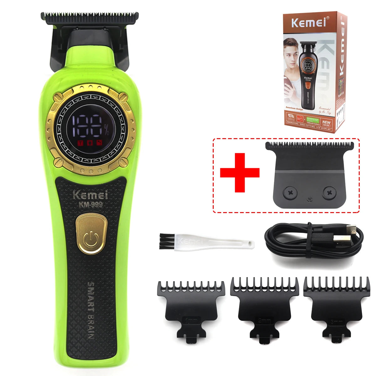 Kemei DLC T-Blade Zero Gapped LED Display Cordless USB Professional Hair Clipper Finishing Machine KM-999 Hair Trimmer for Men