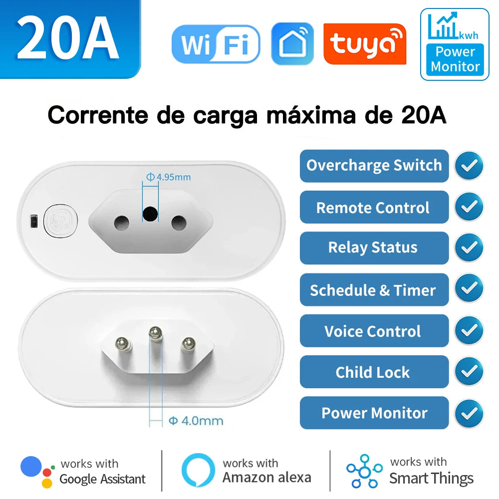 TNCE Tuya Brazil Plug 16/20A wifi or Zigbee3.0, socket with Power Monitor, Smart Life APP Remote control Voice Google Home Alexa