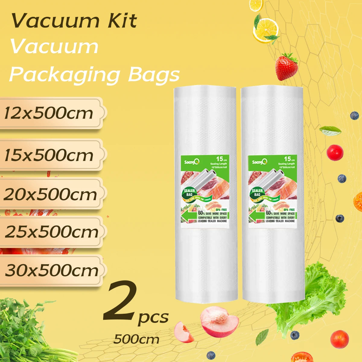 2 rollos de 500 cm de largo de rollos texturizados, bolsas comprimidas al vacío, rollos de malla de una sola cara para envasado al vacío de alimentos, 2 paquetes
