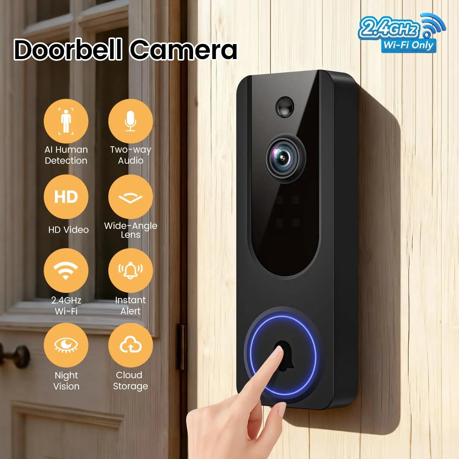 Timbre de Video Inalámbrico con Detección por IA, Visión Nocturna, Audio Bidireccional, Almacenamiento en la Nube para Seguridad Interior/Exterior