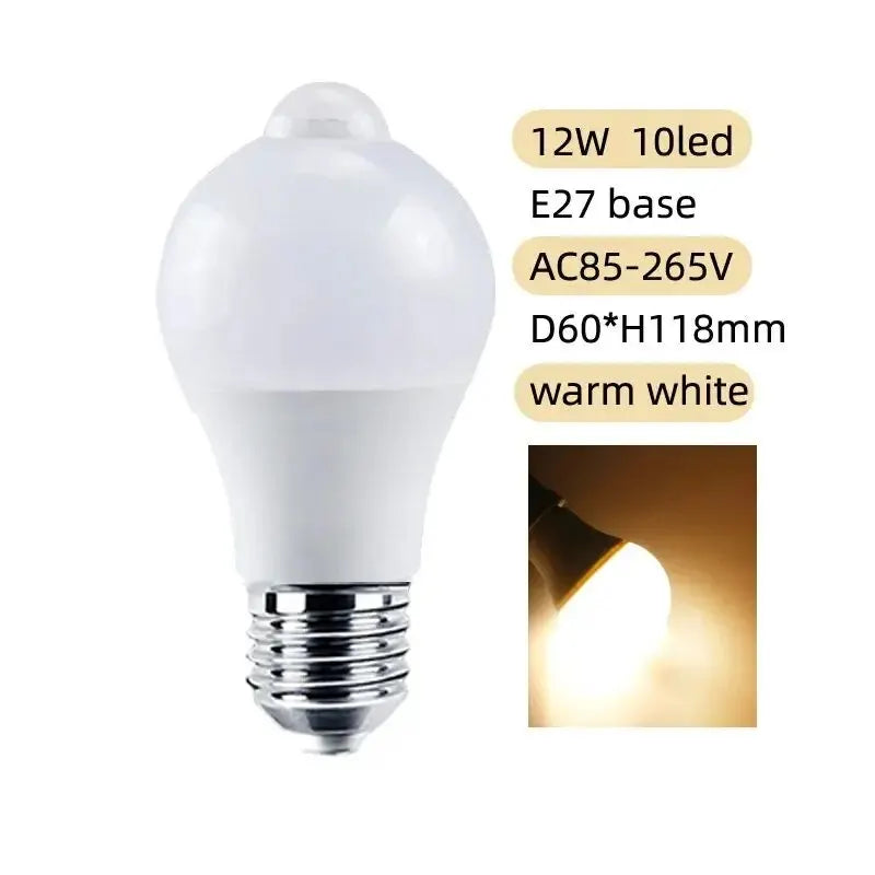PIR Motion Sensor LED Light Bulb 12W E27 Smart Bulb Motion Activated ON/OFF Home Lights Lamp with Motion Sensor for Home Stair