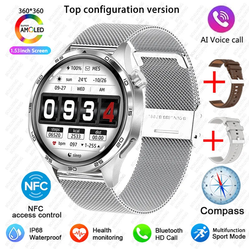 BOXUXING 2026 New GPS NFC Smart Watch 5 Pro Men 360*360 AMOLED Screen Heart rate Bluetooth Call IP68 Waterproof Man Smartwatch