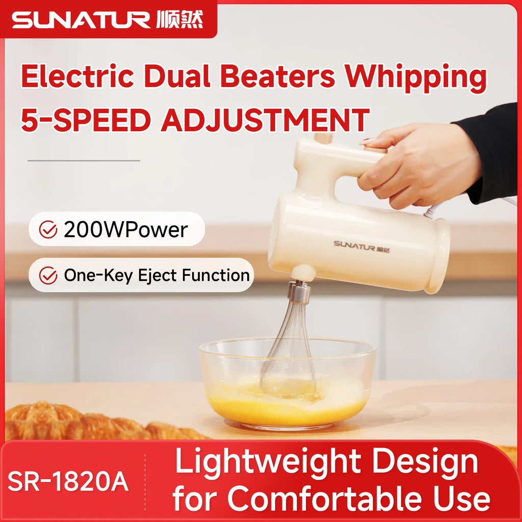 SUNATUR SR-1820A 200W 5-Speed Electric Hand Mixer, Dual Whisks 304 Attachments One-Key Eject for Home Baking