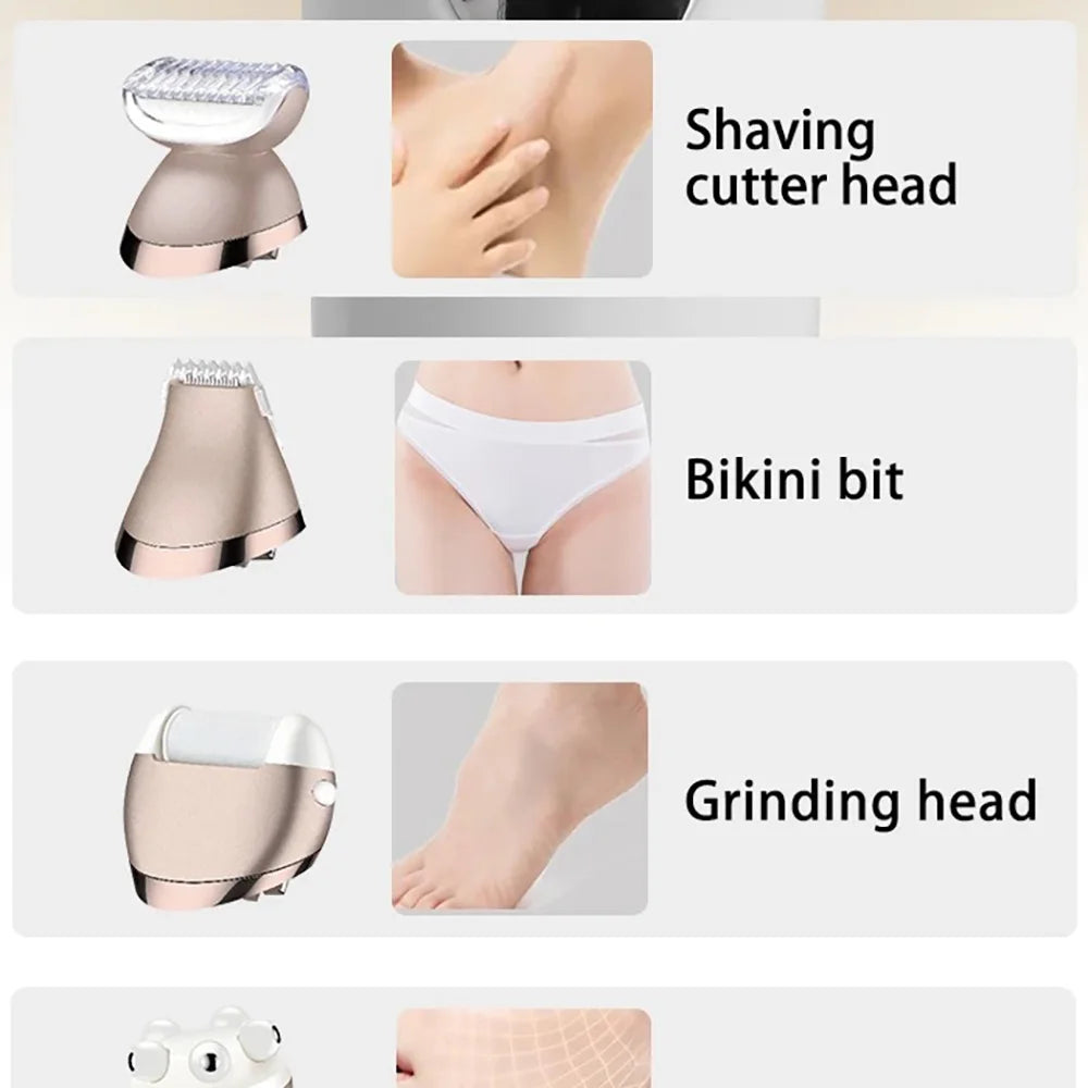 Kemei Recortadora de vello para bikini y axilas, pedicura, afeitadora eléctrica, exfoliador corporal, depiladora 6 en 1, afeitadora para depilación púbica para mujeres