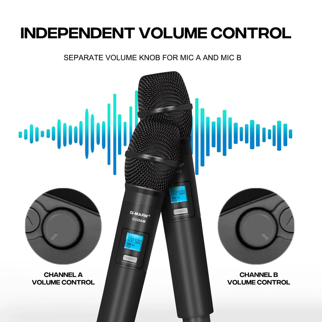 Micrófono Inalámbrico G-MARK G320AM Profesional UHF 2 Canales Micrófono de Karaoke de Mano Frecuencia Automática Ajustable 100M