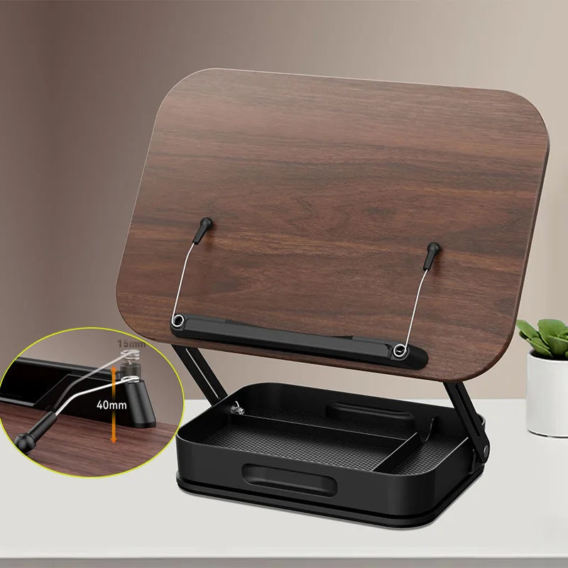 Reading Books Holder Desktop Book Laptop Stand with 360° Rotating Base Wooden Panel & Page Clips Foldable and Angle for Textbook