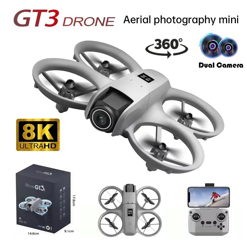 GPS 8K HD Dual Camera Brushless Motor Intelligen Obstacle Avoidance RC Quadcopter Toy Gift GT3 MAX Mini With LED Foldable Drones