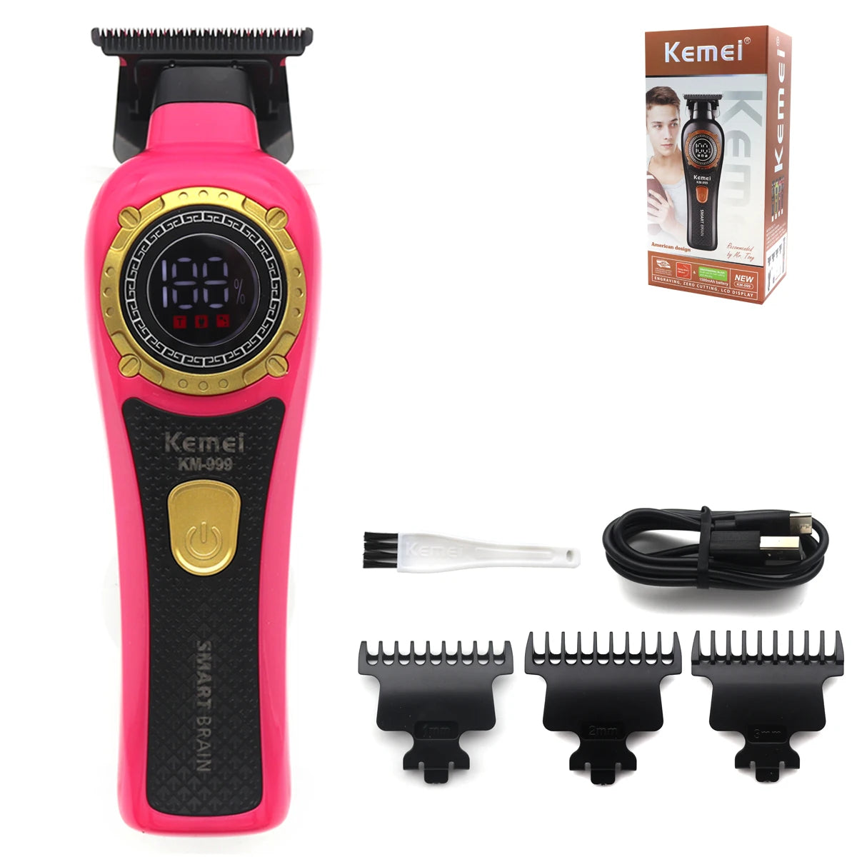 Kemei DLC T-Blade Zero Gapped LED Display Cordless USB Professional Hair Clipper Finishing Machine KM-999 Hair Trimmer for Men
