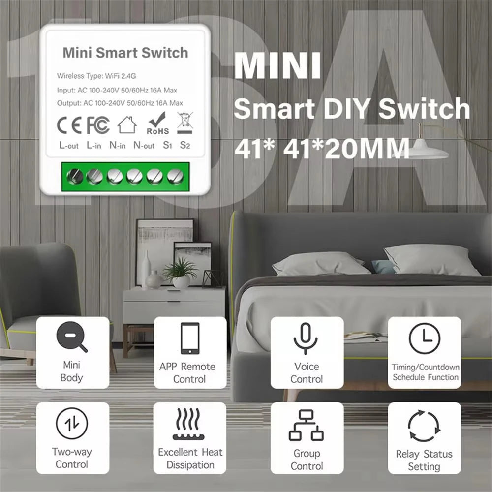 Interruptor de luz inteligente mini WIFI/ZigBee, relé interruptor de control bidireccional 16A, control por voz con aplicación Smart Life para Tuya Alexa Google