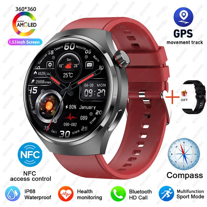 BOXUXING Watch 4 Pro Smart Watch Men GPS Sports Tracker NFC  1.53" HD Screen Health Monitor Watches Bluetooth Call SmartWatch
