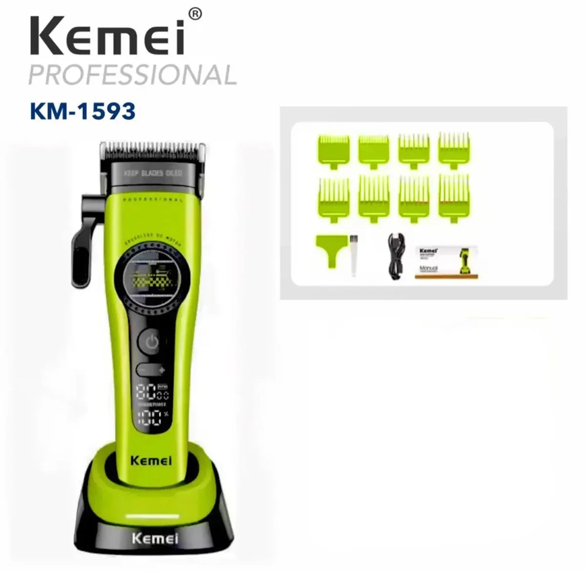 Kemei 1593 Barber Professional Hair Clipper Rechargeable Trimmer Electric Hair Cutting Machine External Rotor Brushless Motor