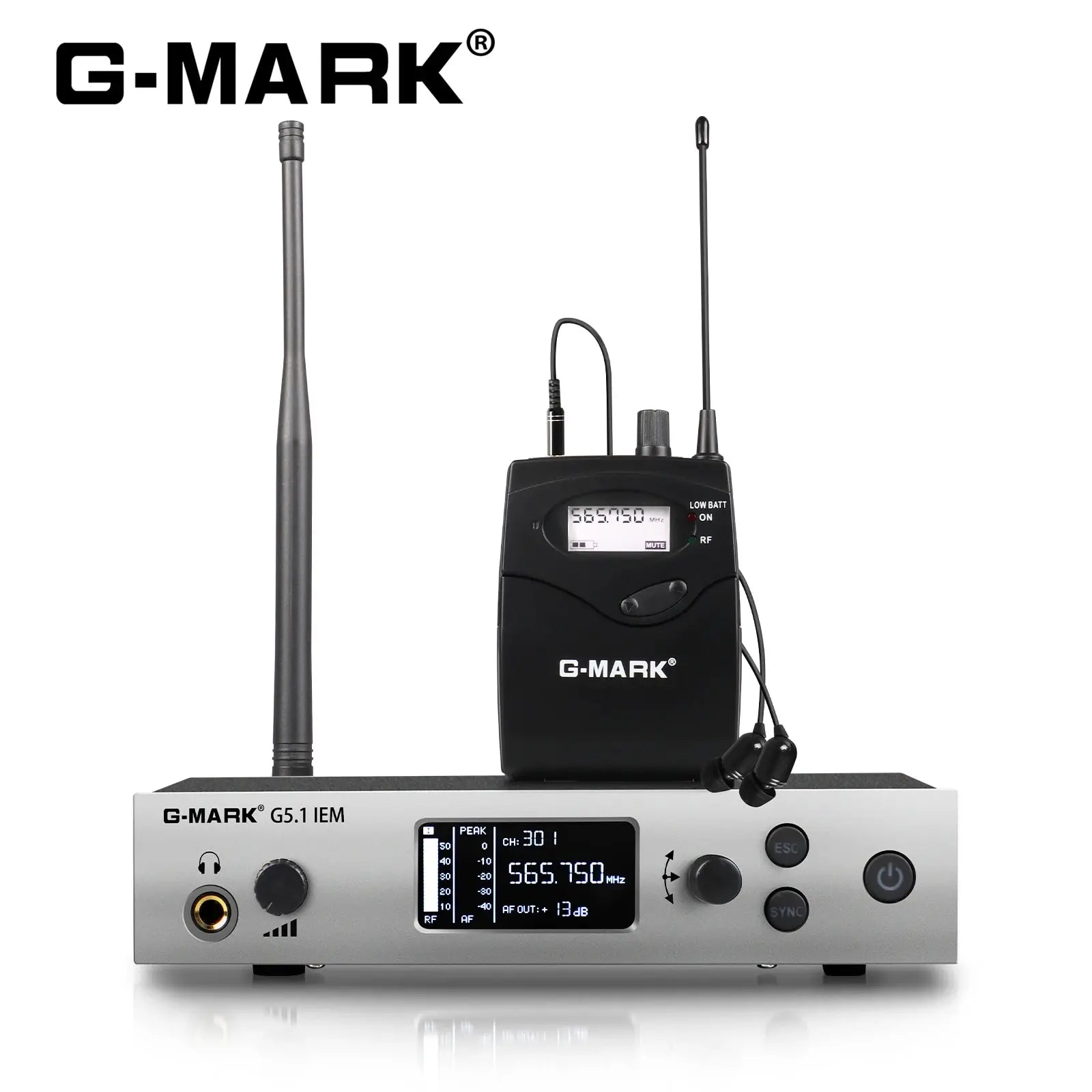 Sistema de monitor intrauditivo inalámbrico G-MARK G5.1IEM UHF mono de un solo canal con frecuencias seleccionables para cantantes, actuaciones en escenario y DJ