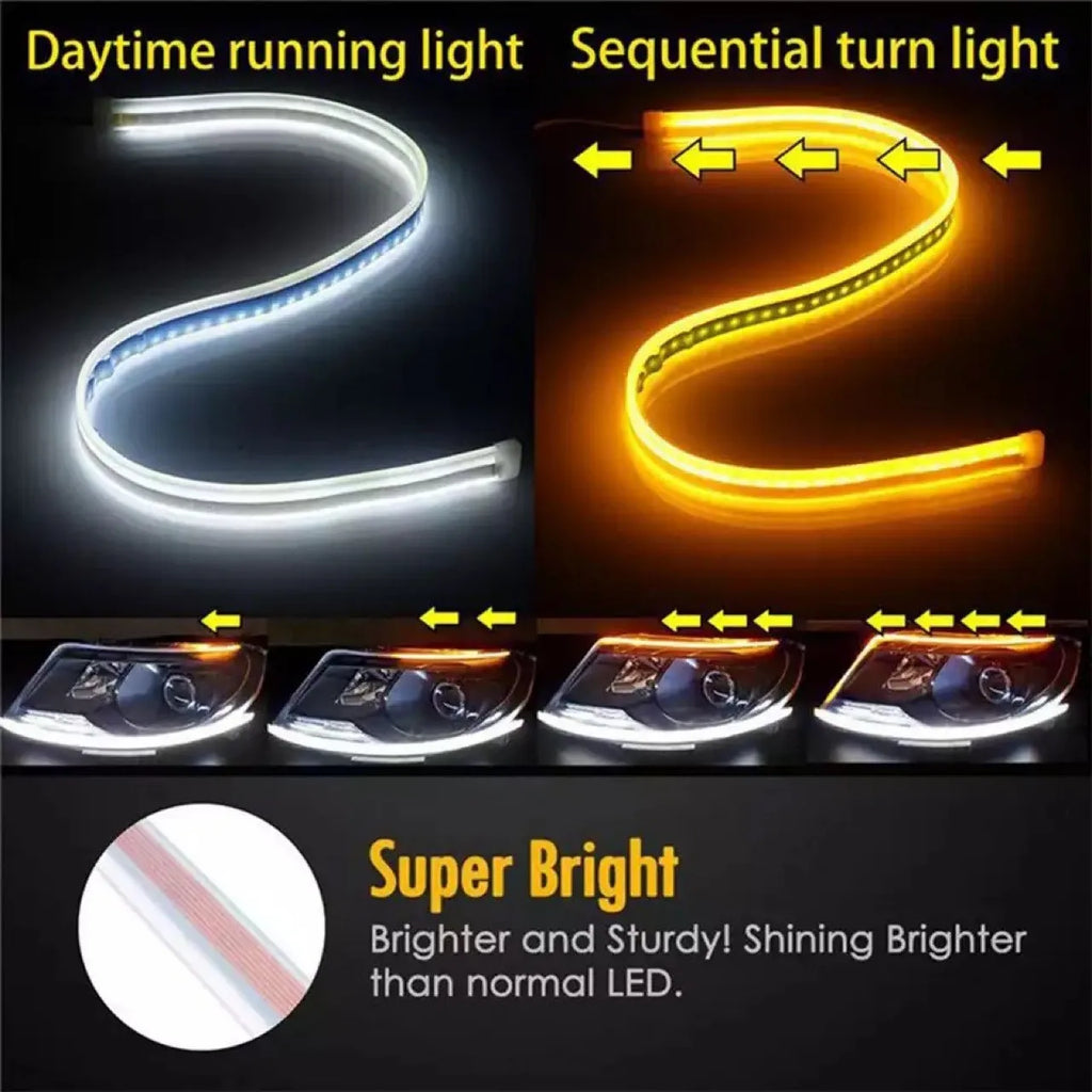 1 unidad de luz LED DRL para coche, tira flexible impermeable, faros automáticos, señal de giro blanca, luces de freno de flujo, estilo de coche 12V