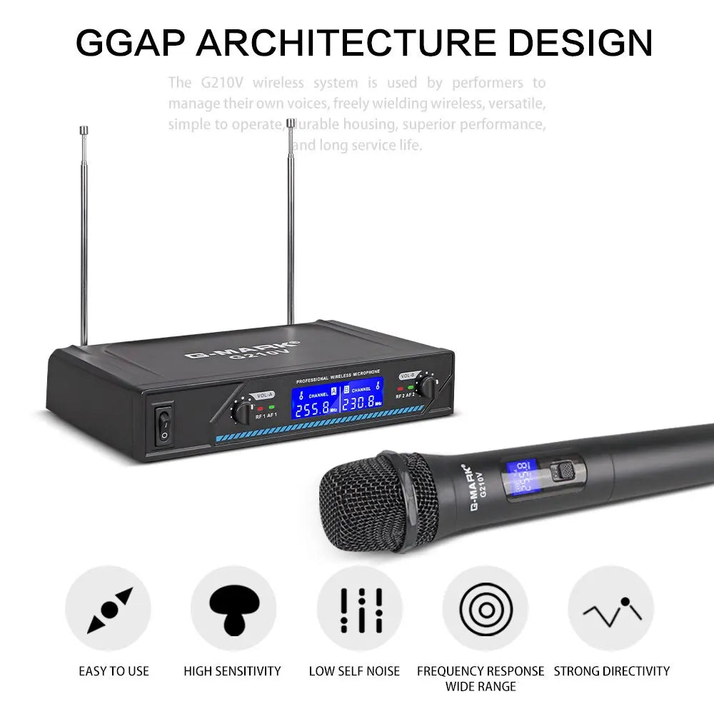 Micrófono Inalámbrico G-MARK G210V Profesional 2 Canales Micrófono de Mano para Karaoke Fiesta Reunión Iglesia Espectáculo Hogar