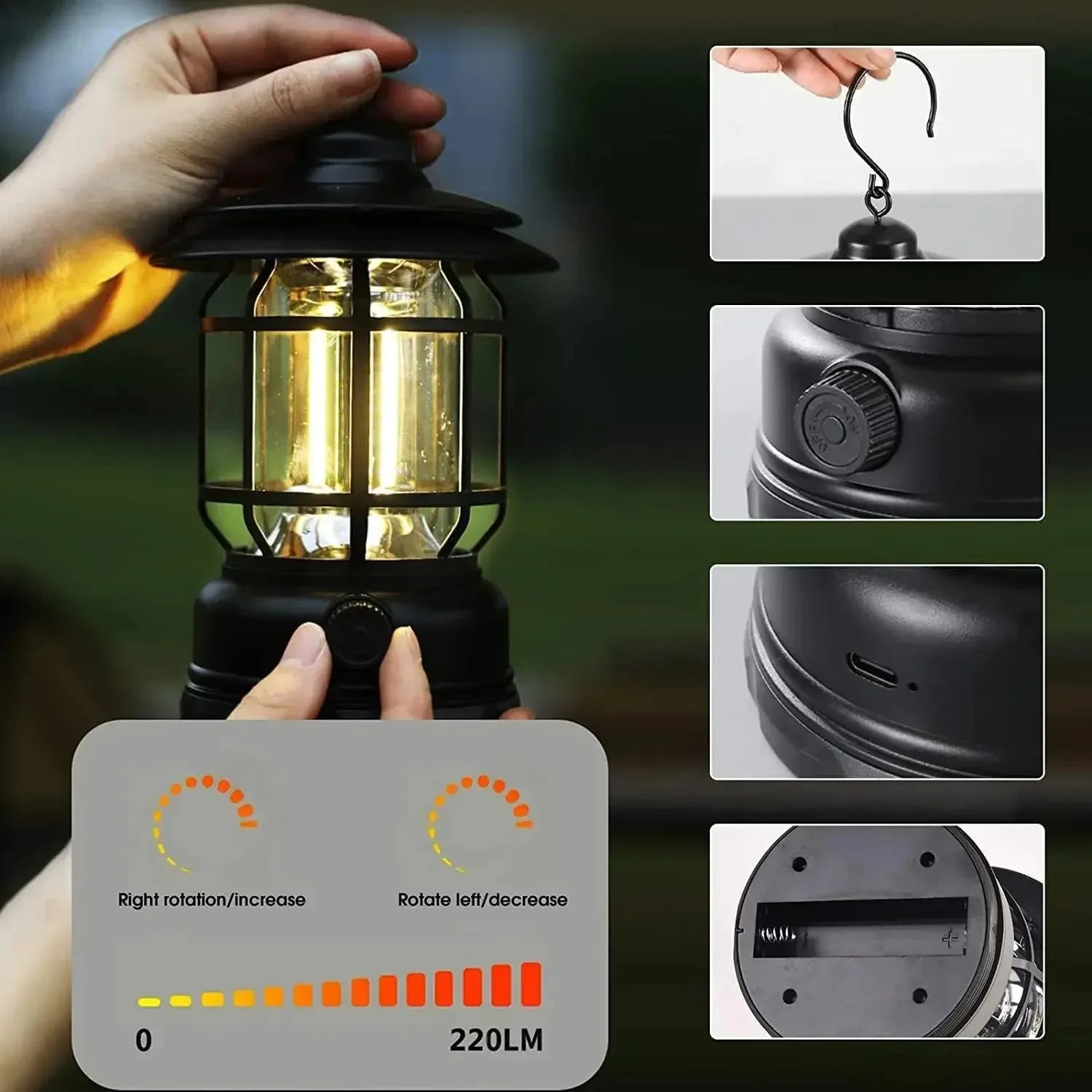 Rechargeable Camping Lantern Stepless Dimming COB Portable Waterproof for Hiking Fishing Emergency Home Power Outages Indoor Out