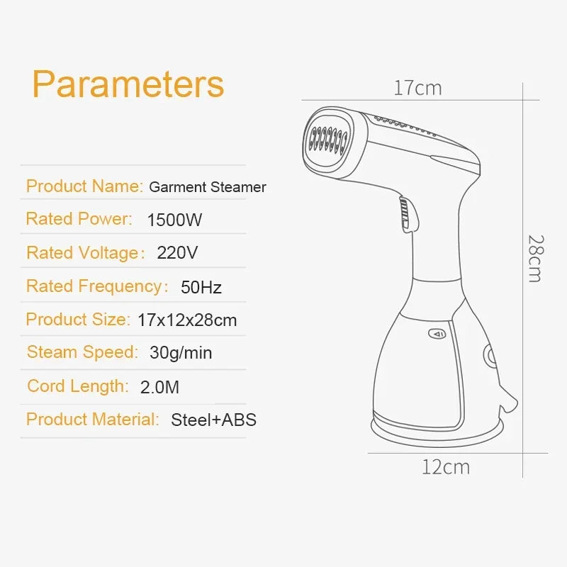 Quick-Heat Hand Garment Iron Steamer for Clothes 1500W Powerful 280ml Portable Fabric Steamer Travelling Home Steam Generator