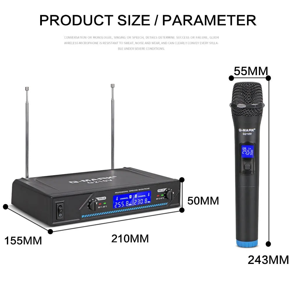 Micrófono Inalámbrico G-MARK G210V Profesional 2 Canales Micrófono de Mano para Karaoke Fiesta Reunión Iglesia Espectáculo Hogar
