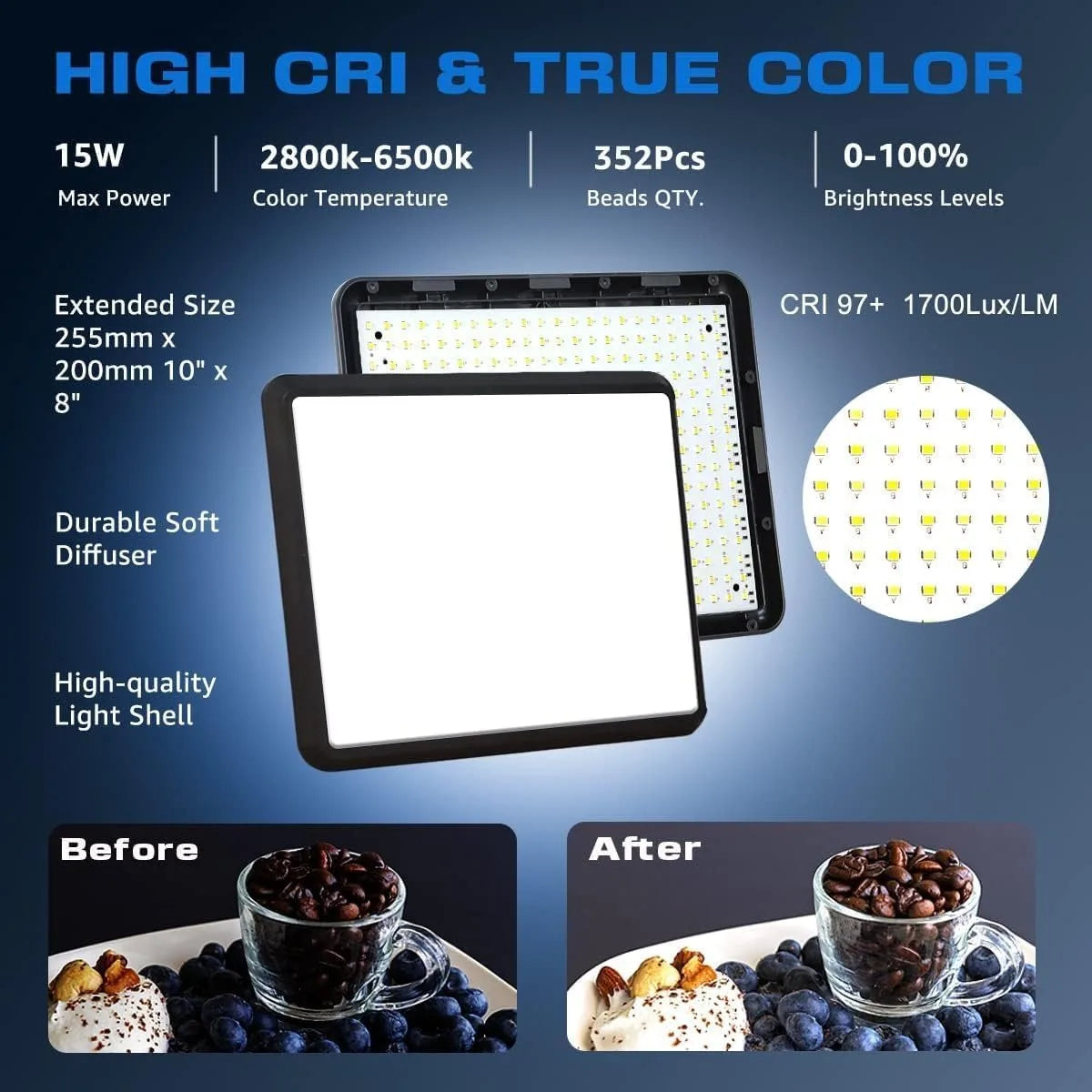 Juego de 2 luces de video LED XRDKJ, luz de estudio, kit de iluminación para fotografía regulable de 2800-6500 K con trípode extensible de 57 pulgadas