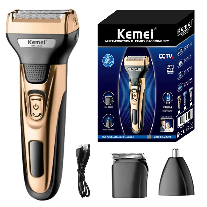 Kemei Kit de Aseo 3 en 1, Afeitadora Eléctrica para Hombres, Recortadora de Barba, Cabello, Cuerpo, Nariz y Orejas, Máquina de Afeitar Facial Recargable