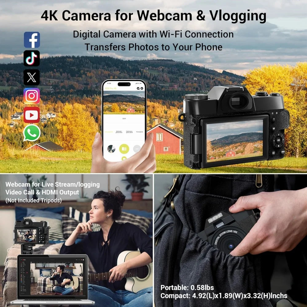 Cámara digital de 56 MP con pantalla abatible 16X para fotografía, grabación de vídeo 4K, videocámara para Vlog, transmisión en vivo en YouTube, cámara web y selfis