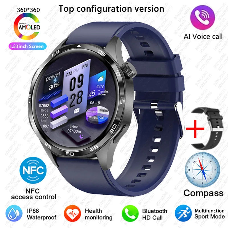 BOXUXING 2026 New GPS NFC Smart Watch 5 Pro Men 360*360 AMOLED Screen Heart rate Bluetooth Call IP68 Waterproof Man Smartwatch