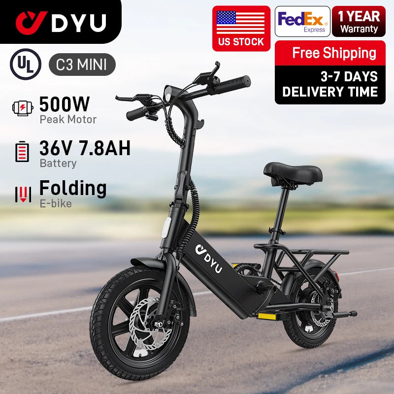 【1 año de garantía】Bicicleta eléctrica plegable DYU C3 de 14 pulgadas, motor de 500W de pico, batería de 280WH, bicicleta eléctrica de 20 mph para ciudad UL2849