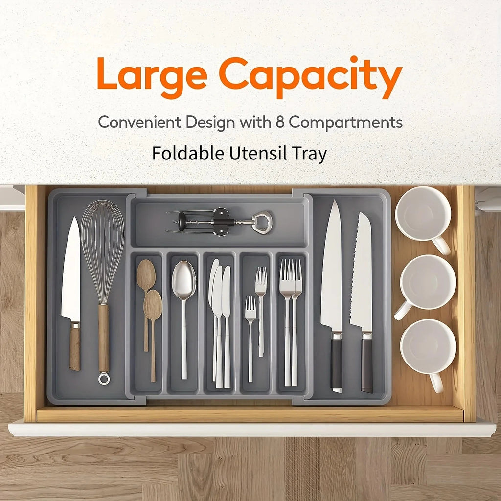 New Adjustable Cutlery Organizer - Upgraded Plastic Storage Tray with Dividers, Ideal for Organizing Spoons and Knife Drawers.