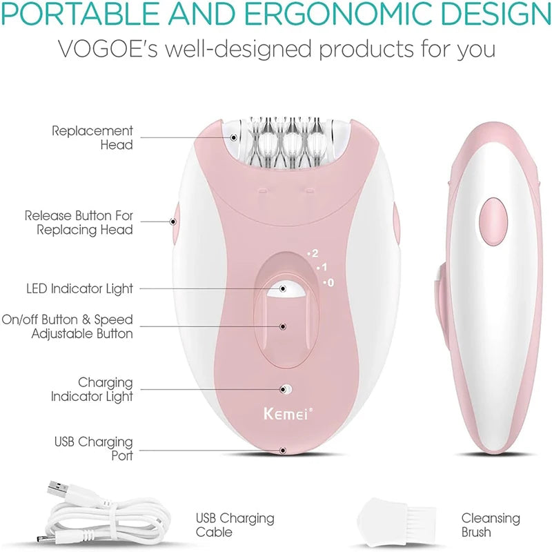 Kemei Women Epilator Electric Hair Removal Facial Body Lady Bikini Legs Arms Armpit Hair Remover Underarms Rechargeable