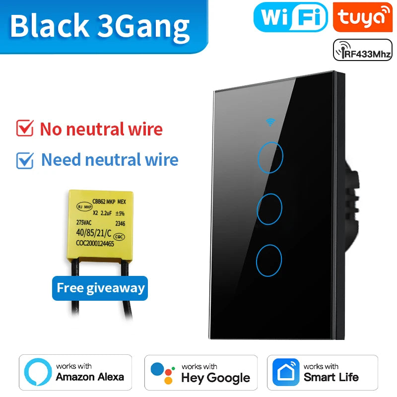 TNCE Tuya US Switch wifi zigbee, 1/2/3/4 gang, No-Neutral/Wire LED light control Wall Button, smart voice with Alexa Google Home