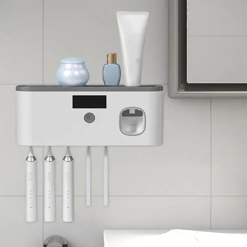 Soporte de pared para cepillos de dientes UV para baño, organizador de cepillos de dientes, dispensador de pasta de dientes recargable por USB, 5 ranuras, accesorios de baño