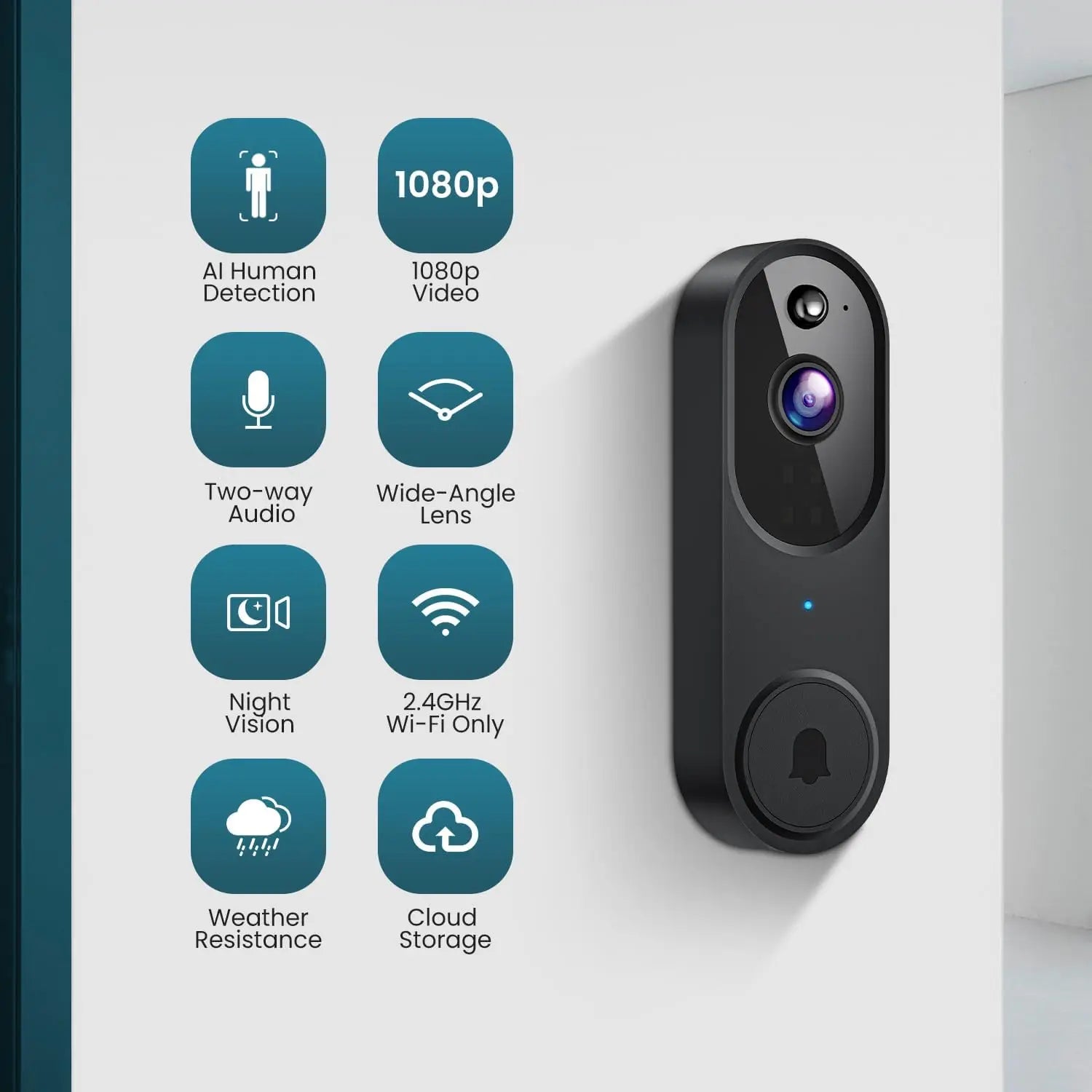 Cámara de vídeo inalámbrica para timbre con audio bidireccional, detección de movimiento por IA, visión nocturna, almacenamiento en la nube, Wi-Fi 2.4G