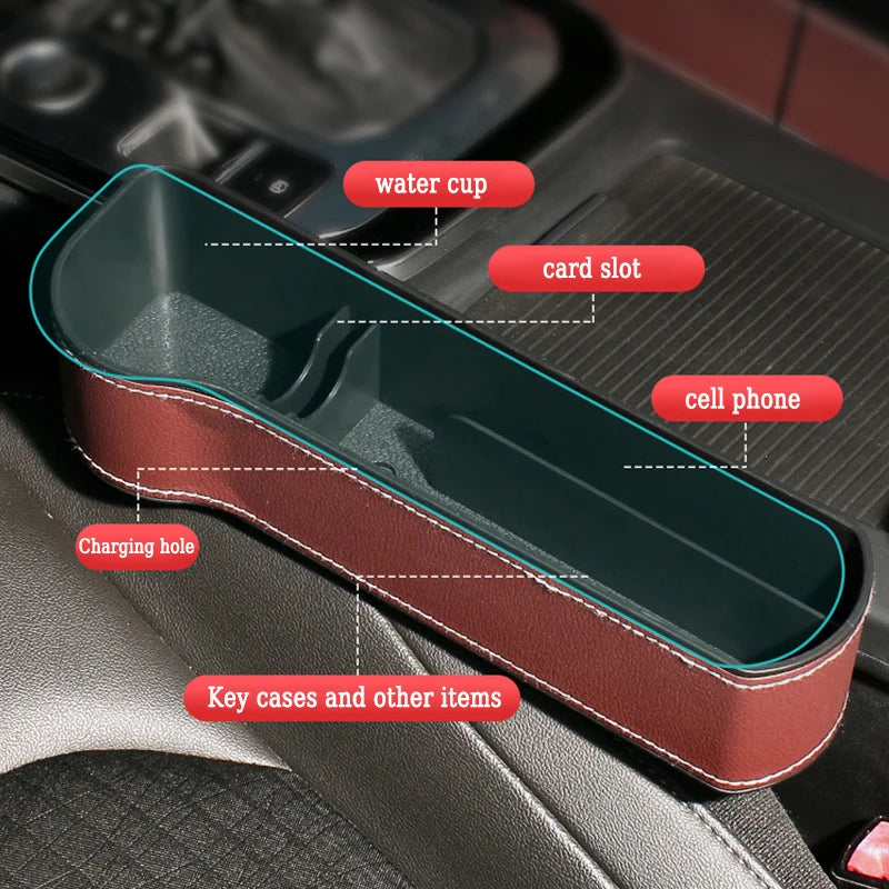 1 unidad de caja de almacenamiento de piel para el espacio del asiento del coche, organizador de llaves de teléfono, relleno de hendiduras del asiento del coche, organizador multifuncional para coche
