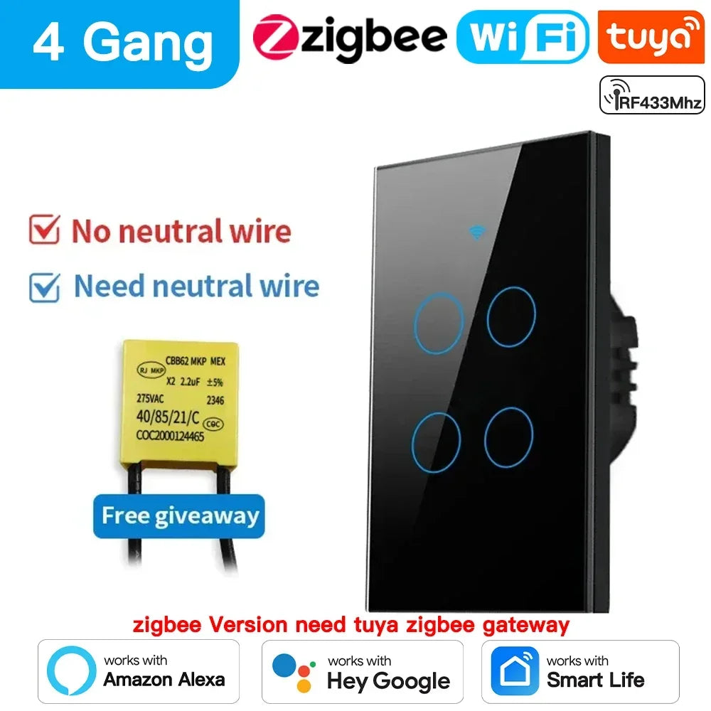 TNCE Tuya US Switch wifi zigbee, 1/2/3/4 gang, No-Neutral/Wire LED light control Wall Button, smart voice with Alexa Google Home