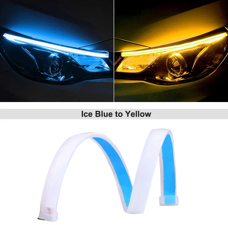 1 unidad de luz LED DRL para coche, tira flexible impermeable, faros automáticos, señal de giro blanca, luces de freno de flujo, estilo de coche 12V