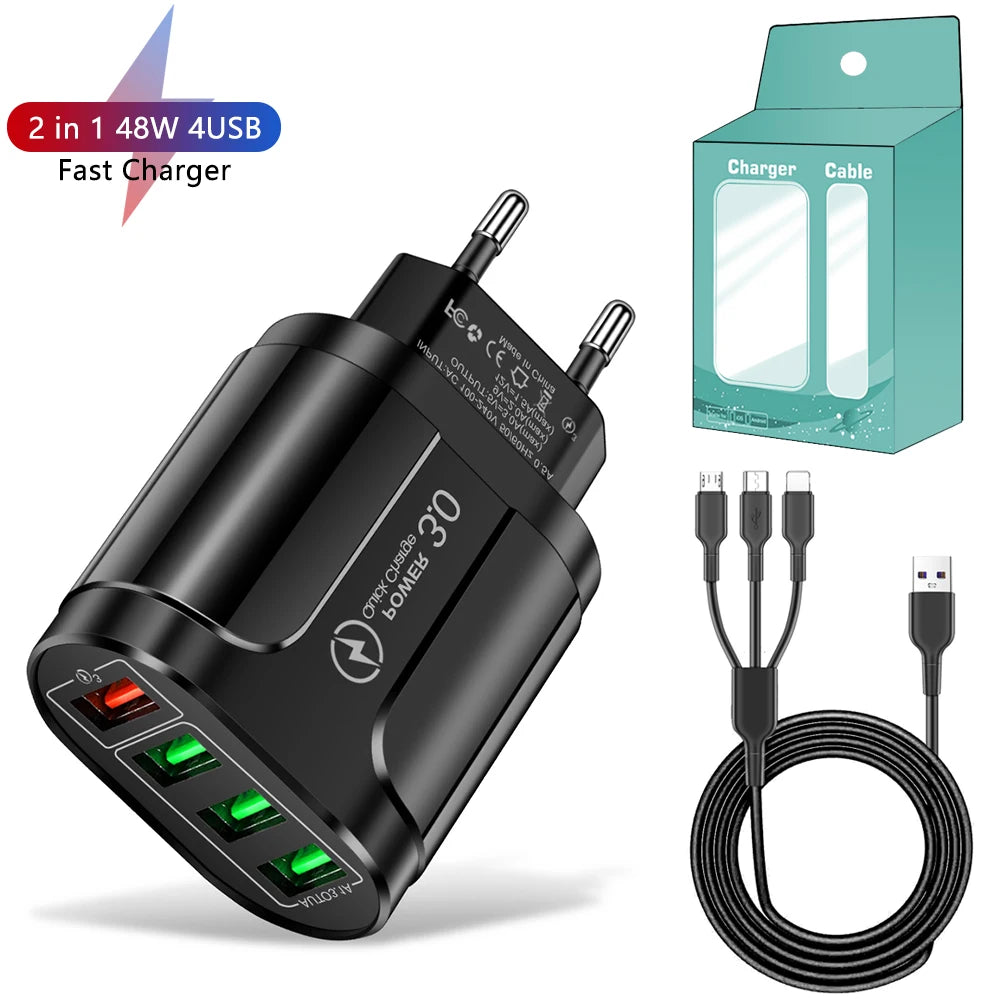 4 USB 45W USB Charger Fast Charge QC 3.0 Wall Charging For iPhone 15 14 Samsung Xiaomi Mobile 4 Ports EU US Plug Adapter Travel