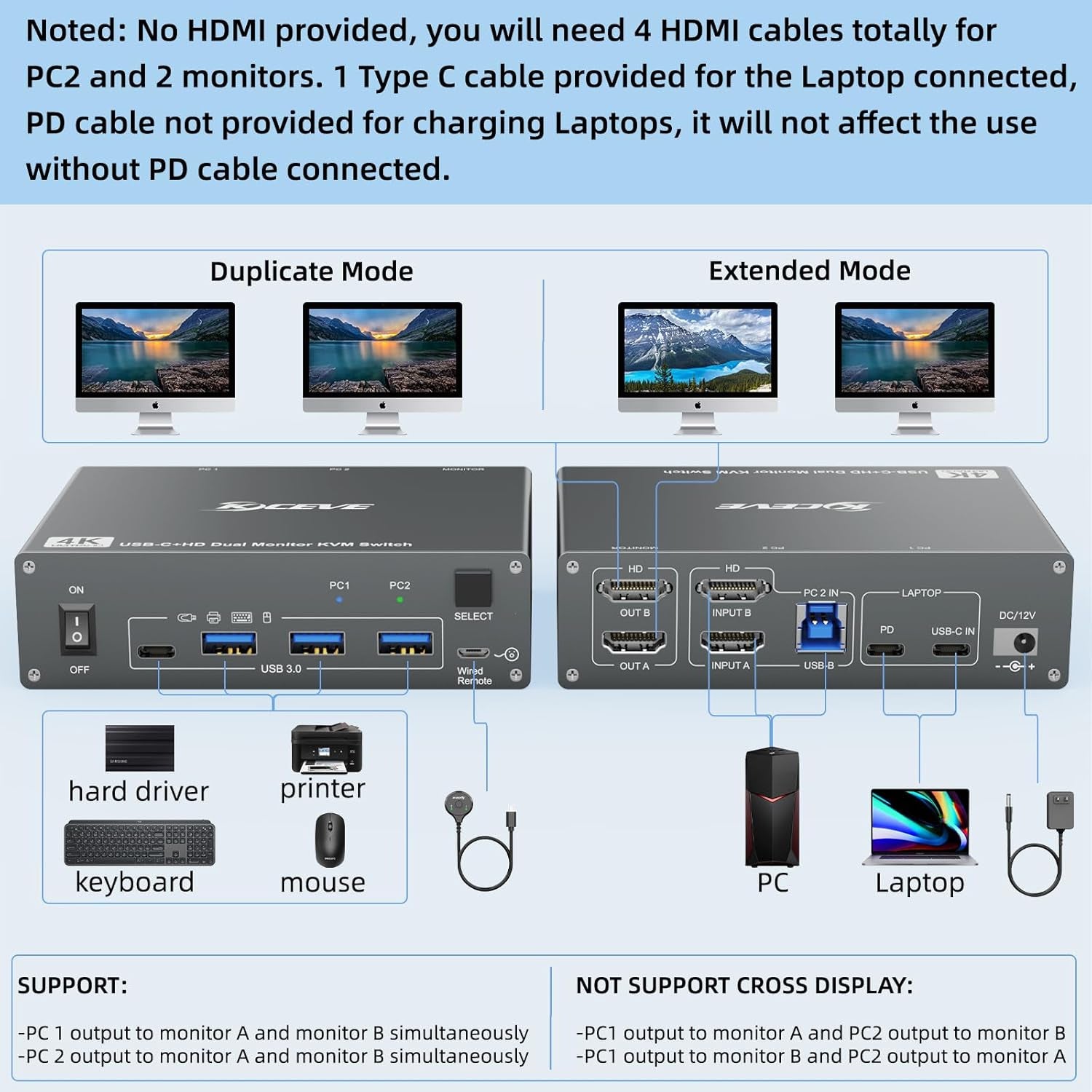 Conmutador KVM USB tipo C de 2 monitores, 2 ordenadores, doble monitor, USB 3.0