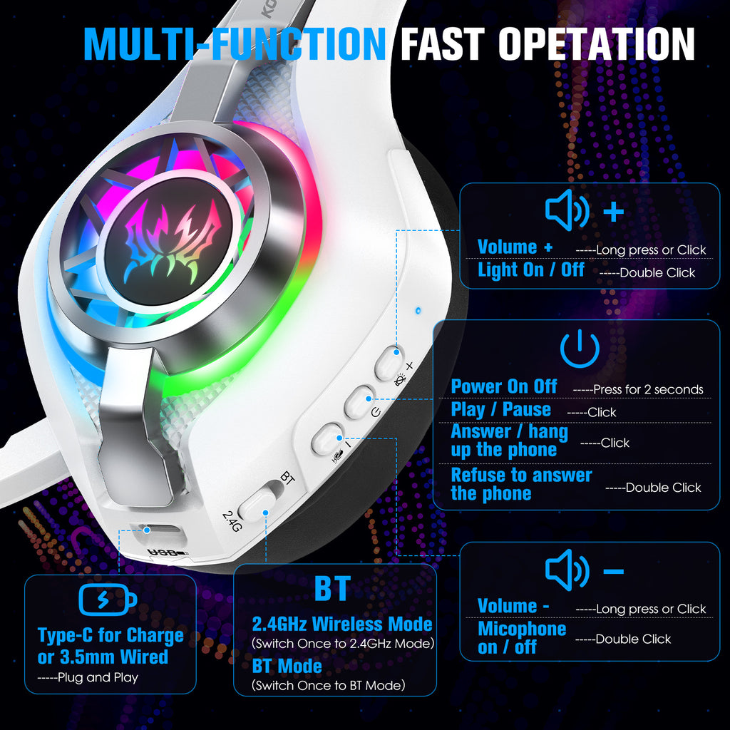 Auriculares inalámbricos para juegos montados en la cabeza Bluetooth Auriculares para deportes electrónicos de 2,4 G