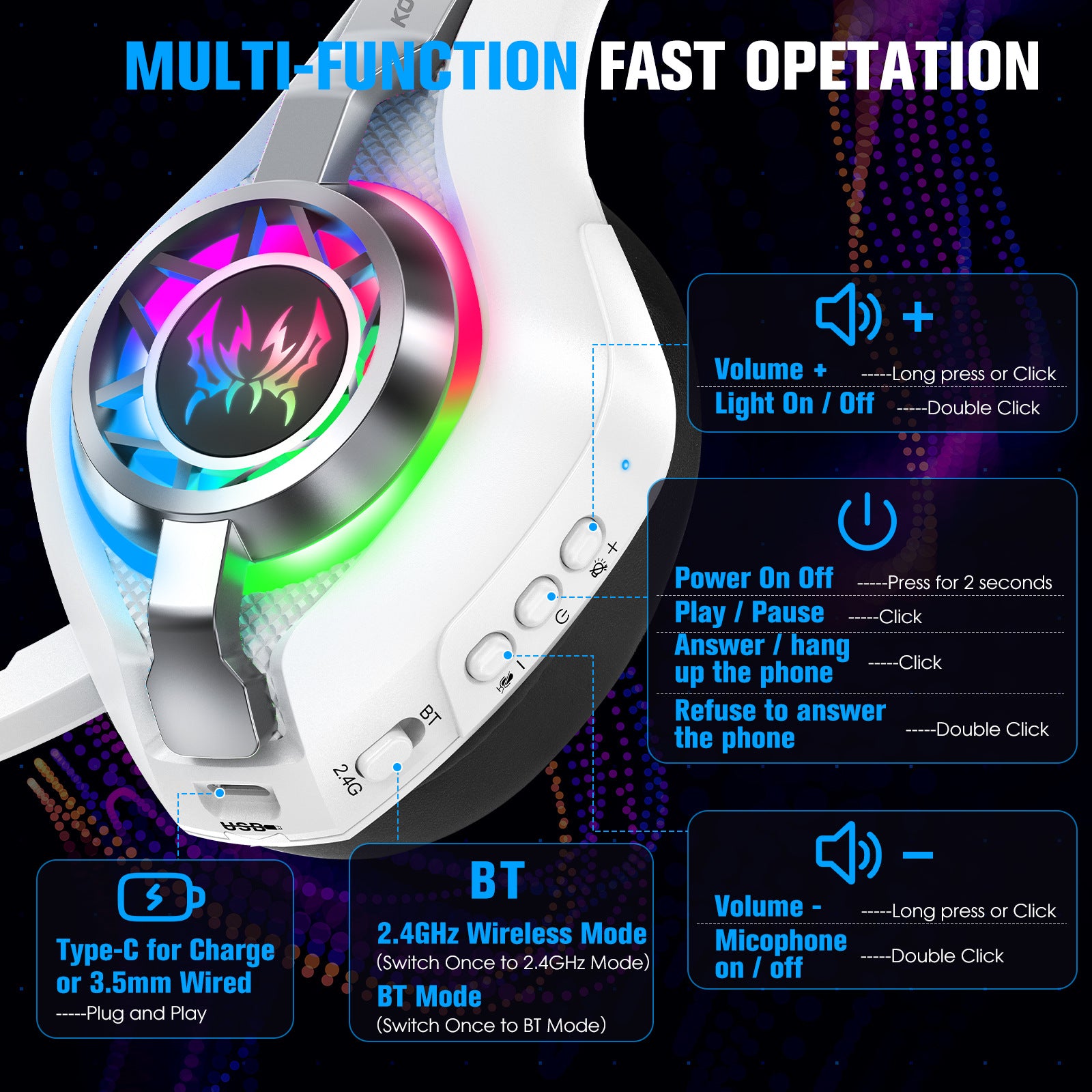 Auriculares inalámbricos para juegos montados en la cabeza Bluetooth Auriculares para deportes electrónicos de 2,4 G