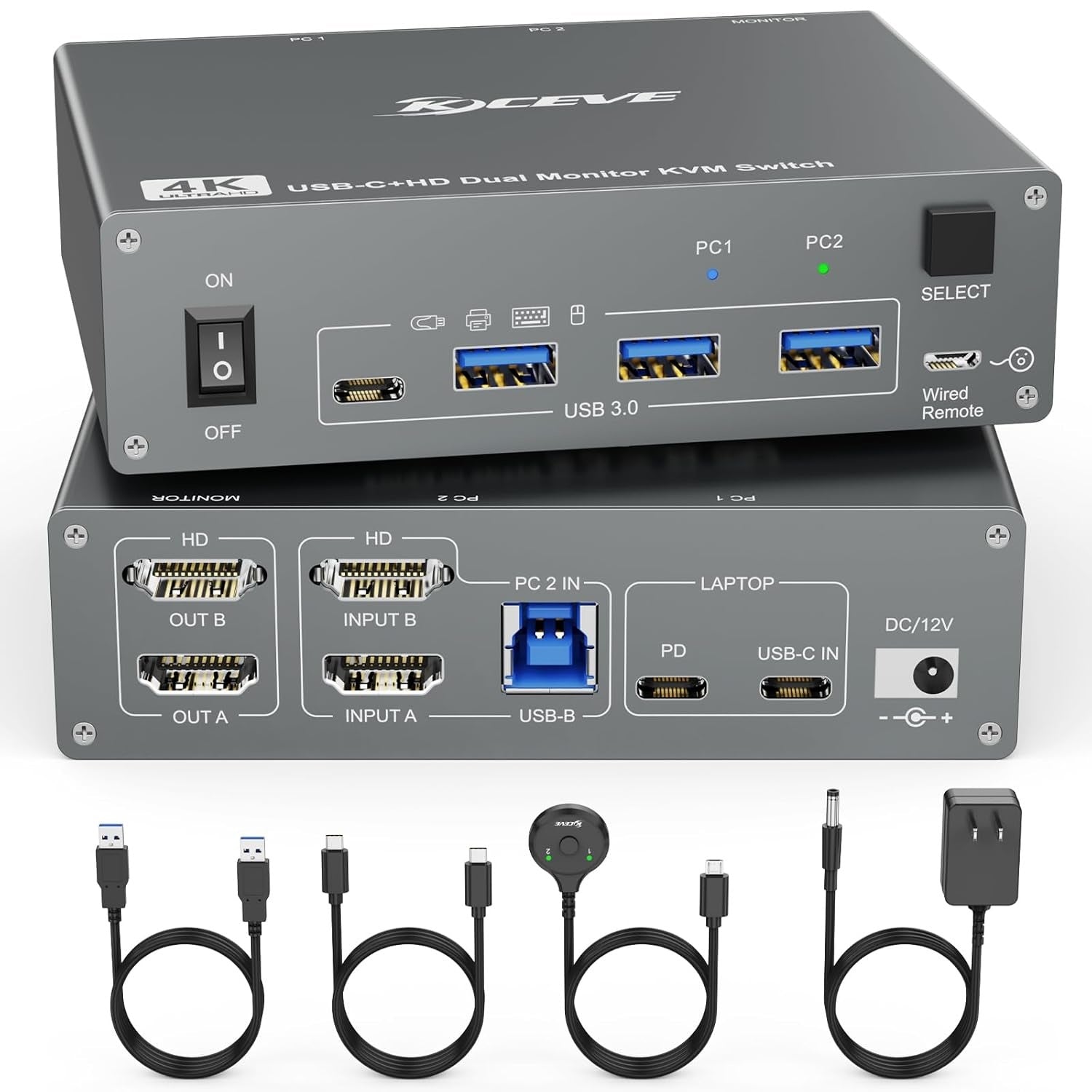 Conmutador KVM USB tipo C de 2 monitores, 2 ordenadores, doble monitor, USB 3.0